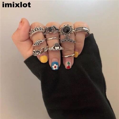 10Pcs/Set Retro Gothic Punk Silver color Metal Geometric Love Flower Set Ring For woman girls Bohemia party jewelry