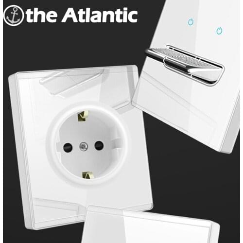 Wall Light Switch With LED Reset Switch Intermediate switch EU FR Power Socket Push Button White Glass TV RJ45 20A Wall Outlet