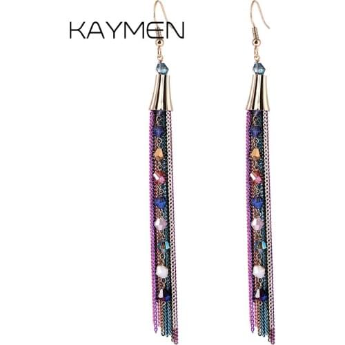 KAYMEN New Arrivals Chains Tassels Crystal Earrings for Girls Golden Plated Chains Long Earrings Statement Drop Earrings