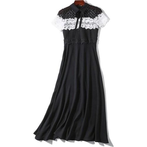PERHAPS U Women Summer Elegant Short Sleeve O-Neck Lace Bow Spliced Black Chiffon Mid-Calf Dress Sey Slim Party Dress D3035