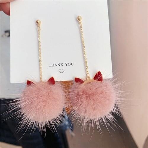 Plush Ear Winter Mink Plush Long Tassel Ball Clip Earrings Female Temperament Cat Ears Fur Ball Clip Earrings Without Piercing