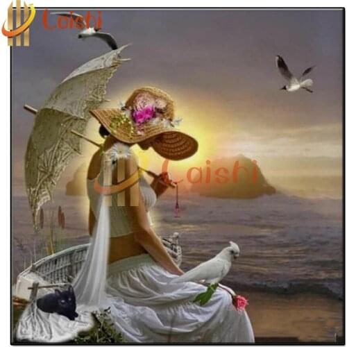 Full square/round drill Gentle woman reading a book by the sea, white dove 5d diy diamond painting diamond kits craft home decor