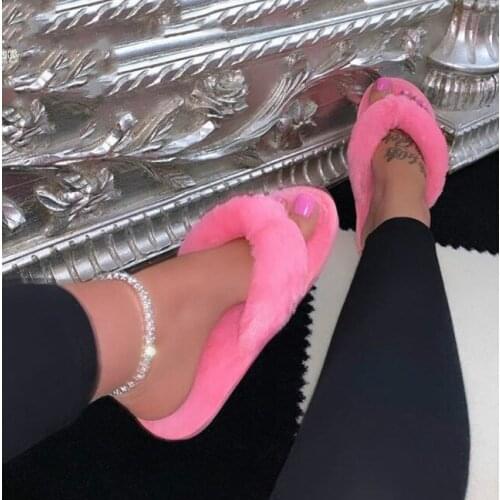 Dropshipping Winter Home Slippers Fashion Women Faux Fur Warm Shoes Slip on Flats Female Fur Flip Flops Plus Size36-41 Whosale