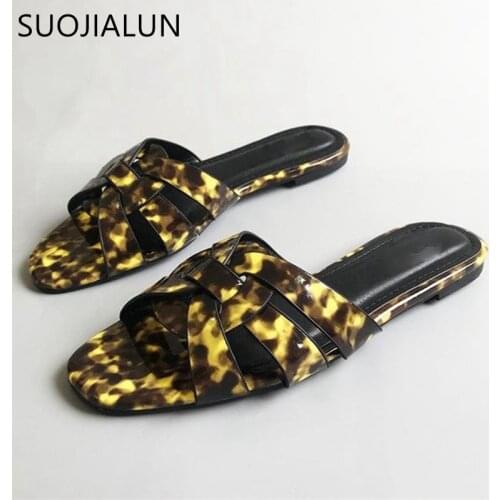 SUOJIALUN Fashion Brand Women Slippers Open Toe Flat Heel Woman Sandal Shoes Summer Casual Slip On Beach Slides Flip Flops