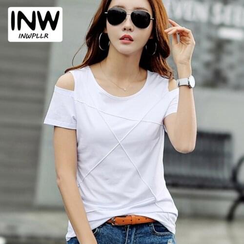 2018 New Summer T-shirts Women Tshirts Ladies Open Shoulder Tops Tees Female T-shirt Casual Short Sleeve White Tshirt Lady
