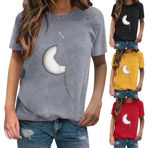 Summer New Women Fashion All-Match Design Cat Prints Temperament T Shirt Short Sleeve Round-Neck Loose Tee Pullovers Tops