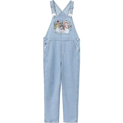 Plus Size Denim Jumpsuit Women Jeans Female Cartoon Snowman Embroidery Loose Overalls Vintage Washed Big Pockets Straight Sling