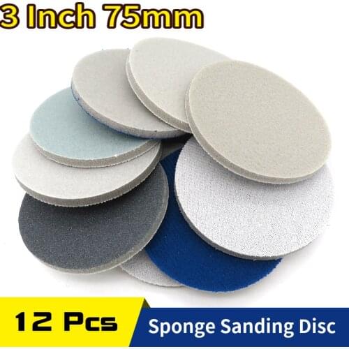 12 Pcs 3 Inch 75MM 300-3000 Grit Round Hook Loop Sanding Sponge Sanding Disc Sandpaper Silicon Carbide for Polishing & Grinding