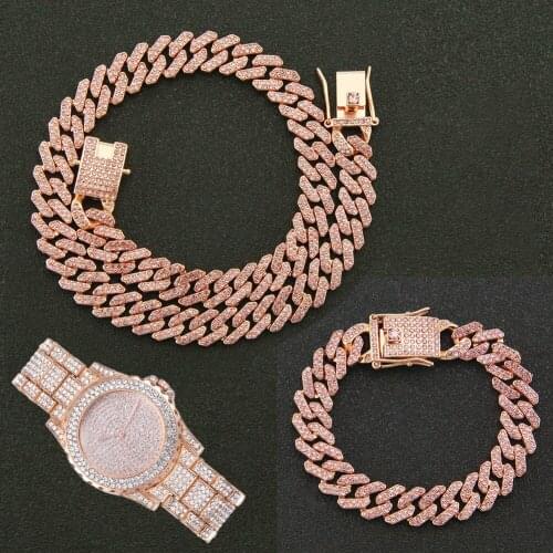 3pcs Kit Prong Necklace Baguette Bracelet Hip Hop12MM Prong Cuban Iced Out Paved CZ Necklace+Watch+Bracelet For Men Jewelry