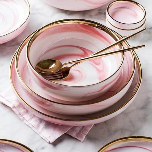 AG Pink Marble Ceramic Dinner Dish Plate Rice Salad Noodles Bowl Soup Plates Dinnerware Sets Home Tableware Kitchen Cook Tool