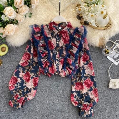 Spring autumn womens vintage flower print long sleeve shirt female fashion casual loose puff chic shirt blouse TB1078