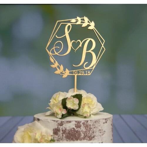 Personalized Monogram Cake Topper Bride & Groom Initials Topper with Date Hexagon Shape Wedding-Anniversary-Valentine Day gift