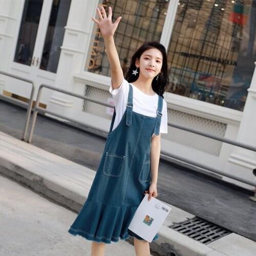 Mermaid Blue Jean Dresses Women 2019 Summer Casual Denim Overall Dress Women Suspenders Harajuku Vintage Denim Dress AA4942