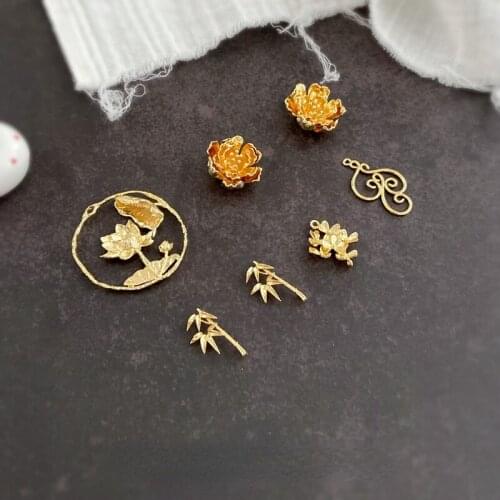 Copper Plated Real Gold Literary Forest Series Three-dimensional Flower Bamboo Leaf Lotus Ring DIY Jewelry Material