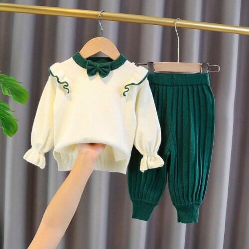 Menoea 2021 New Winter Fashion Baby Girls Bow Knitted Thick Clothes Sets Kids Warm Long Sleeve Sweater Pants 2pcs Suits Outfits