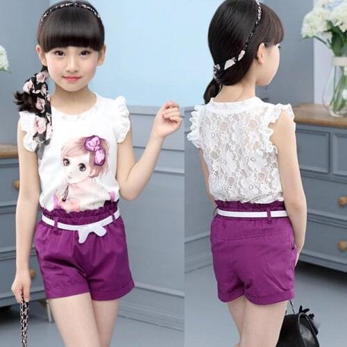 Girls Suits 2020 New Summer Children Clothing Lace Sleeveless Print Vest+Shorts 2Pcs Set Girls Clothes 4 5 6 7 8 9 10 11 Years