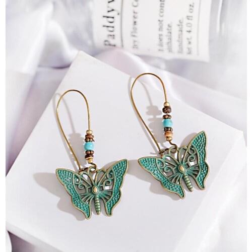 Fashion Ethnic Style Bohemian Pendant Earrings Vintage Bronze Butterfly Shape Alloy Earrings Hollow Pattern 2020 Thai Jewelry