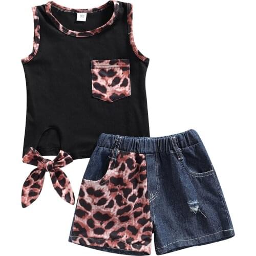 2021 1-6Y Summer Kids Baby Girl Clothing Set Pocket Sleeveless Bow Top Vest+Leopard Print Patch Denim Shorts Outfits 2pcs
