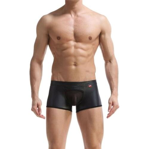 Mens Underwear Faux Leather Boxers Penis Transparent Gay Male Underwear Sexy Underpants Man Shorts Mens Panties Sissy Lingerie