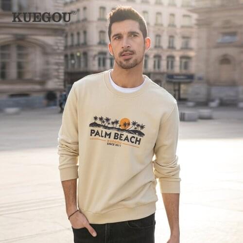 KUEGOU 2021 Autumn New 100% Cotton Hoodies White Tracksuit Sweatshirts For Men Fashion Print Letter Jogger Top Plus Size 2252