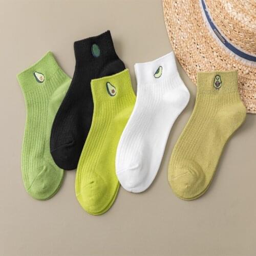5 Pairs Fashion Female New Summer Ankle Girl Cotton Lovely Color Ankle Women Socks Cute Embroidered Casual Avocado