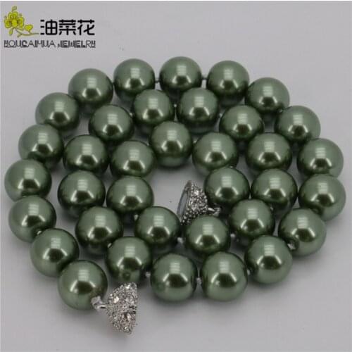 New arrival12mm Army Green South Shell Pearl Round Beads Necklace Wholesale Women jewelry Beautiful New Magnet Clasp Grade W0478