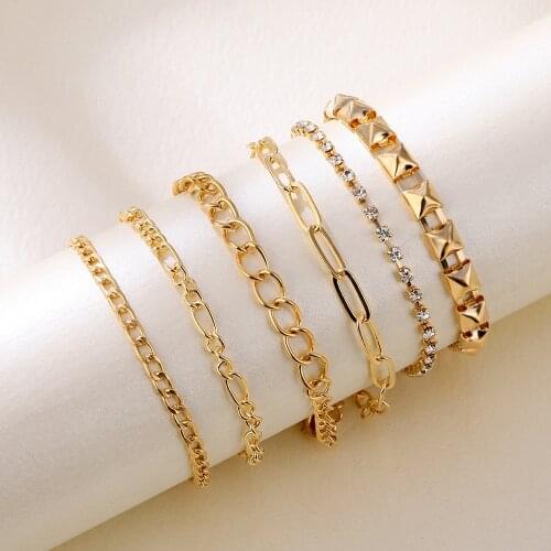 New simple jewelry with gold thick and thin chain artificial crystal bracelet 6-piece set for men and women gifts wholesale