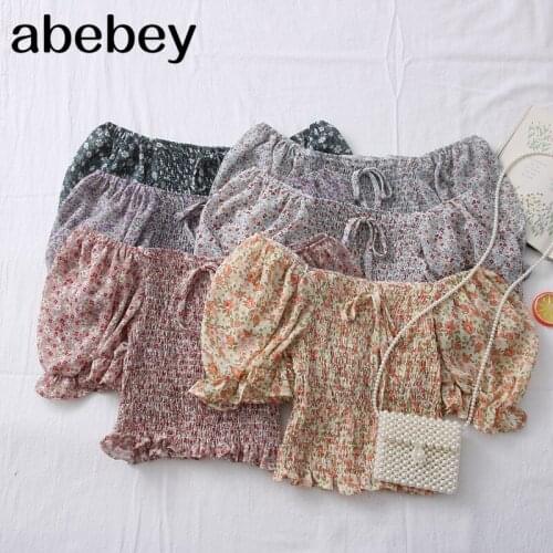 Print Stretchy Flower Shirt Summer Sweet Ruffles Slash Neck Cropped Blouses With Pads Women Padding Crop Tops For Girls