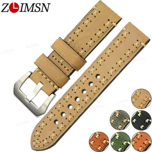 ZLIMSN Manual Genuine Leather Watch Bands Strap 20 22 24 26mm Yellow Green Grey Brown Belt 316L Stainless Steel Silver Brushed
