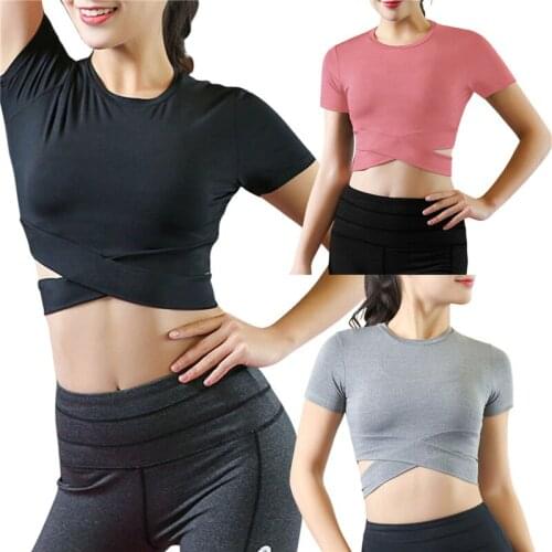 Sexy Lady Short Sleeve Running Shirt Exposed Navel Yoga T-shirts Solid Sports Shirts Quick Dry Fitness Gym Crop Tops Sport Wear