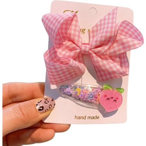 Two-pieces Girls Cute Plaid Bow Hairpin +Fruit Quicksand BB Clip