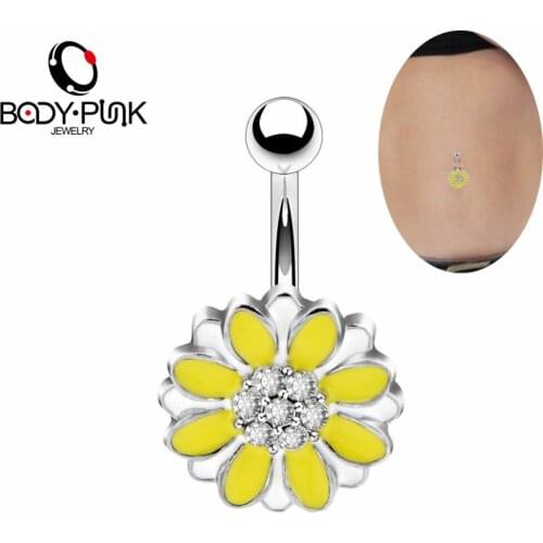 BODY PUNK Cute Lovely 316 L Stainless Steel With White Yellow Enamel Flower Navel Belly Button Rings Piercing Jewelry