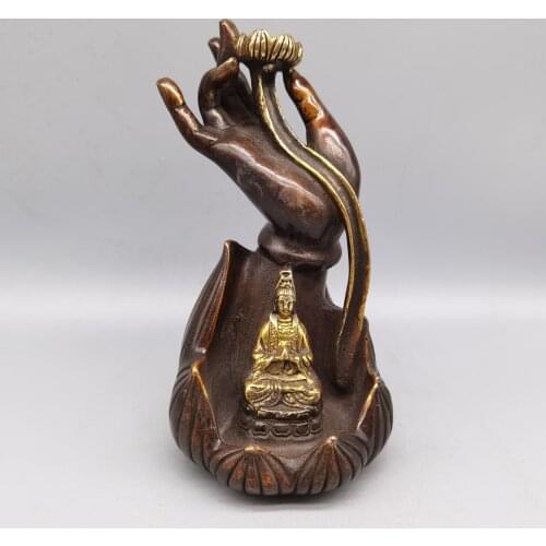 Home Decorations Gifts,Antique Collection Old Chinese Bronze Guanyin lotus hand Censer/Metal Backflow incense Incense Burner