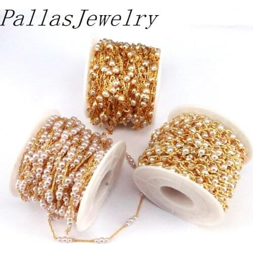5 Meters Unique Gold Metal Brass Chains with Round Pearl Shell Beads For Diy Jewelry Findings Accessories