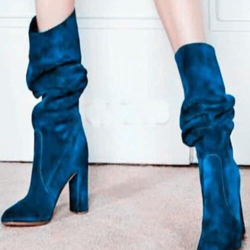 Slouch Suede Slip On Chunky Heel Boots Knee High Pointed Toe Manufacturer Navy Blue Green Solid Ladies Boots Square Heels