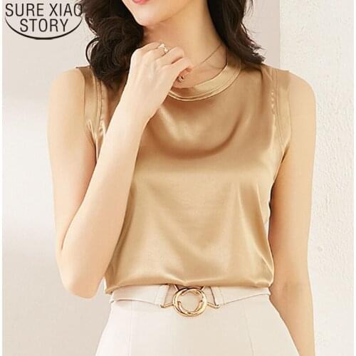 Women Sleeveless Blouse Silk Satin Tops 2021 New Summer Blouse Casual Round Collar Solid Female All-match Pullover Clothes 9610
