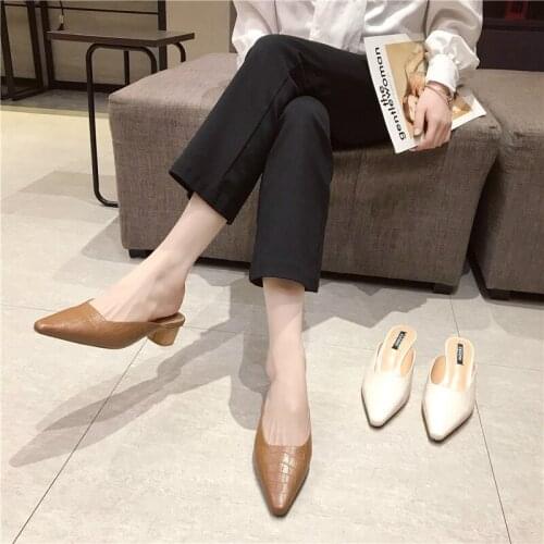 Womens slippers outside Spring Half-trail fashion pointy soft inner skin comfortable square heel mid non-slip wild shoes U30-43