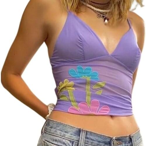 Womens Sexy Crop Cami Tops Sleeveless Spaghetti Strap Deep V Neck Flower Pattern Mesh Camisole See-Through Top Summer Crop Tops