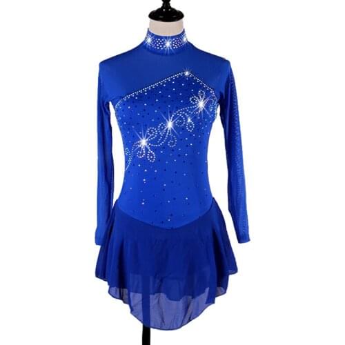 New design Rhinestone Performance long Sleeves women royal blue ice skating dress TXH-B101