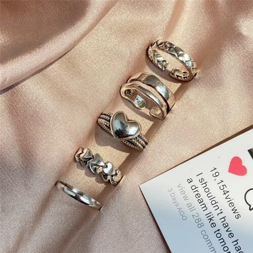 Punk Vintage Retro Silver Color Love Heart Finger Rings Set for Women Girl Geometric Alloy Metal Knuckle Joint Ring Jewelry New