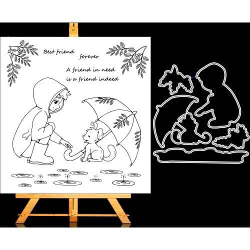 ZhuoAng Girl in the rain Cutting Dies and Clear Stamp Set for DIY Scrapbooking Photo Album Decoretive Embossing Stencial