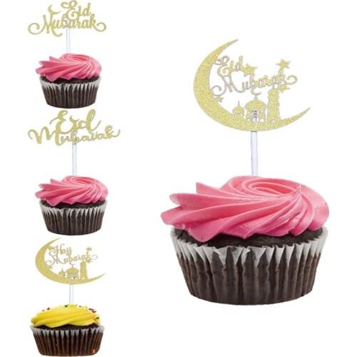 10pcs Gold Silver Eid Mubarak Cupcake Toppers, Crescent Glitter Muslim Hajj Mubarak Party Decoration, Ramadan decor Supplies