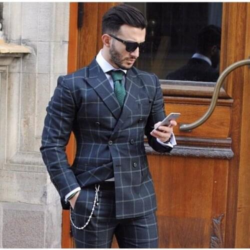 2021 Fashion Dark Plaid Double Breasted Men Suits Slim Fit Tuxedo Wedding Groom Terno Masculino Blazer Jacket+Pant Sets Plus