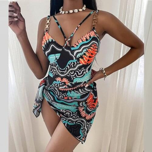 2021 Beachwear Push Up Bikini With Skirts Boho Biquini Tropical Print Sexy Metal Strap Brazilian 2 Piece Swimsuit Women