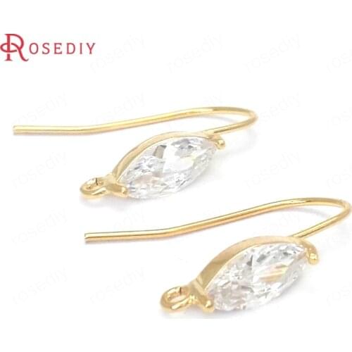 37666)6PCS Height 20MM 24K Gold Color Brass and Zircon Horse Eyes Shape Earrings Hooks Jewelry Making Supplies Diy Accessories