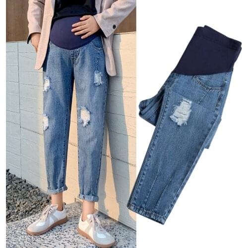 8890# Maternity Pants Spring Autumn with Hole Maternity Jeans Belly Support Pants Elastic Waist Maternity Trousers