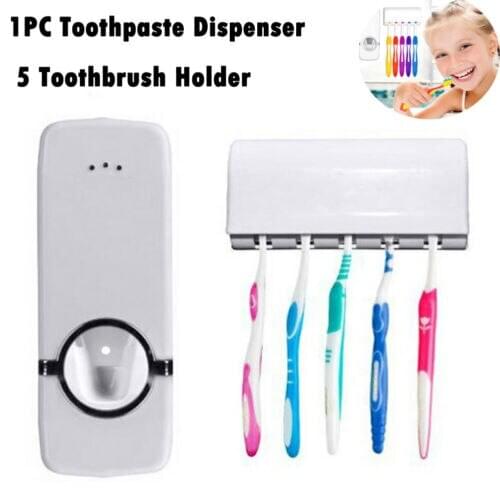 Toothpaste Dispenser + 5 Toothbrush Holder Auto Automatic Toothpaste Dispenser Toothbrush Holder Wallmount Stand for Tooth Brush