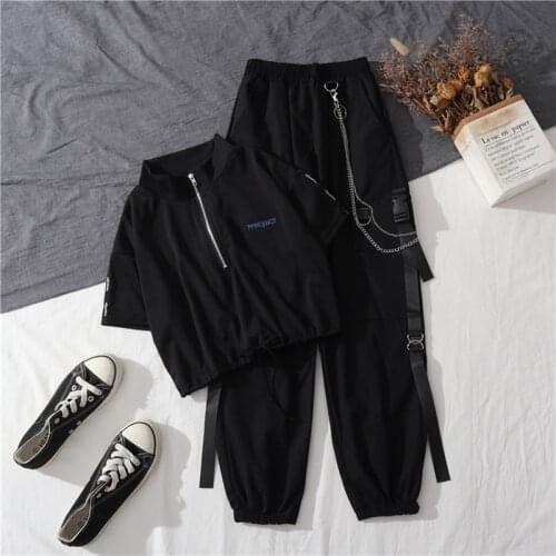 Womens Cargo Pants Buckle Stripe Pocket Jogger Elastic Waist High HipHop Streetwear Harajuku long sleeve + stripe trousers