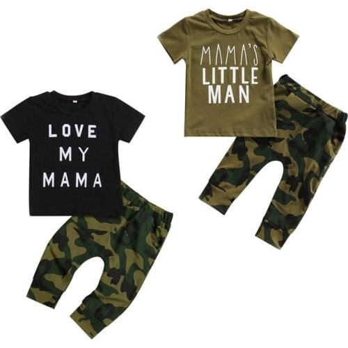 FOCUSNORM 0-3Y Summer Infant Baby Boys Clothes Sets 2pcs Letter Camouflage Printed Pullover T Shirts Long Pants