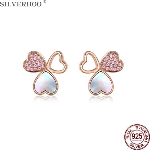 SILVERHOO 925 Sterling Silver Earrings Women Heart White Shell & Pink Zircon Flower Stud Earring Romantic Anniversary Jewelry